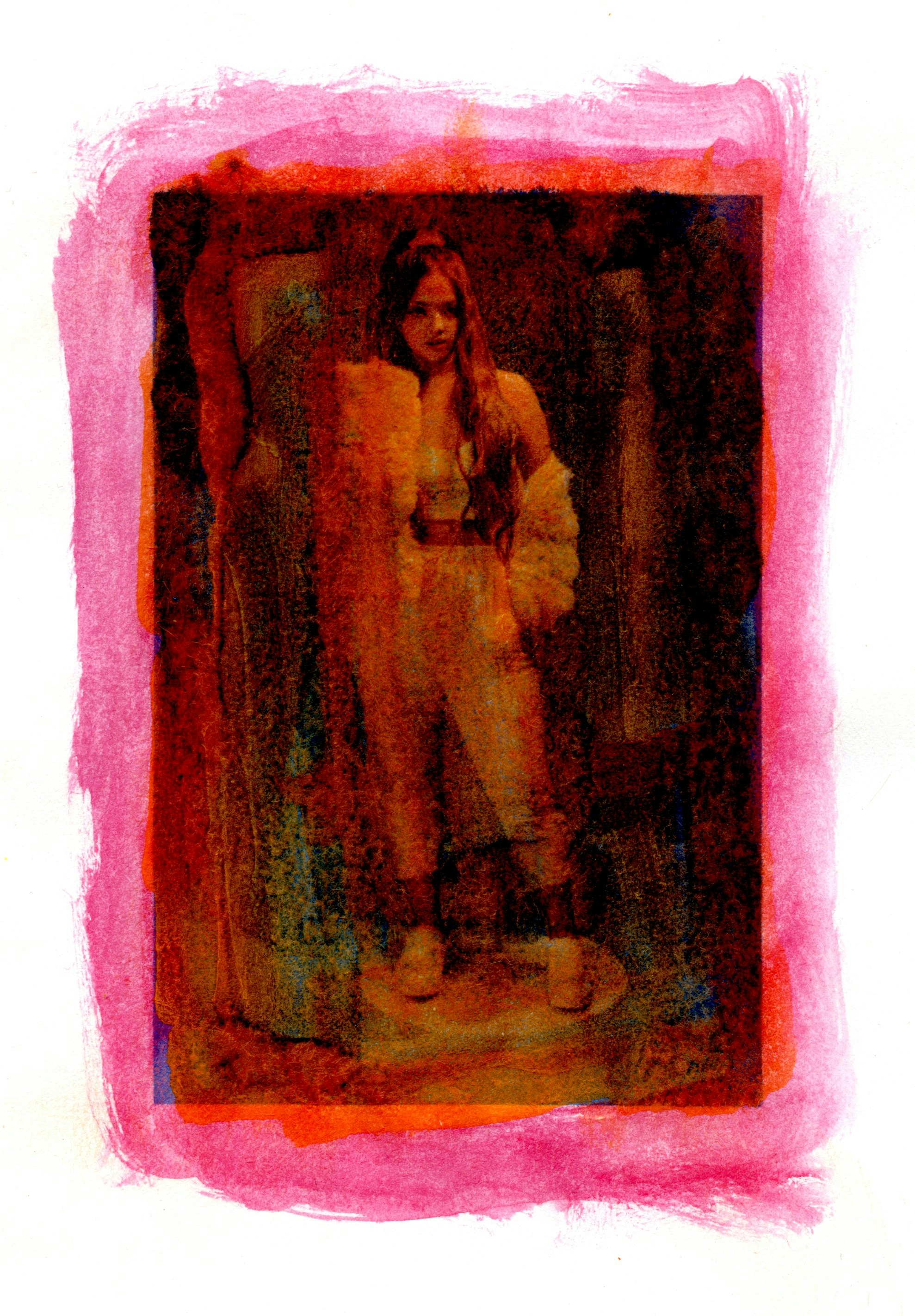 Red-tinged photo of a person standing in a room, partially obscured by abstract texture and scan marks, resembling a double exposure or film burn.