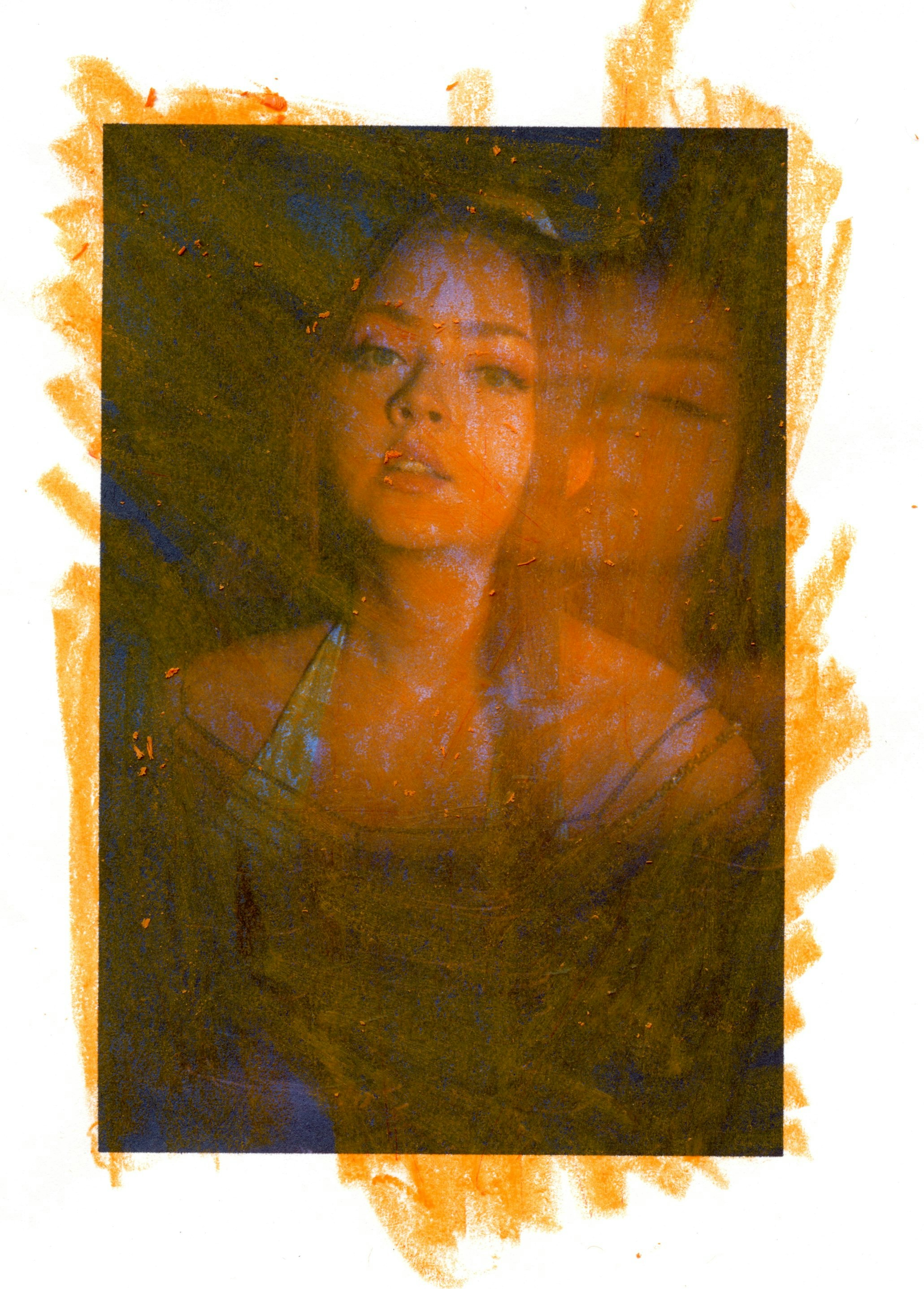 Faded double-exposure portrait of a woman overlaid with painterly brown and orange textures, creating a moody, dreamlike effect.